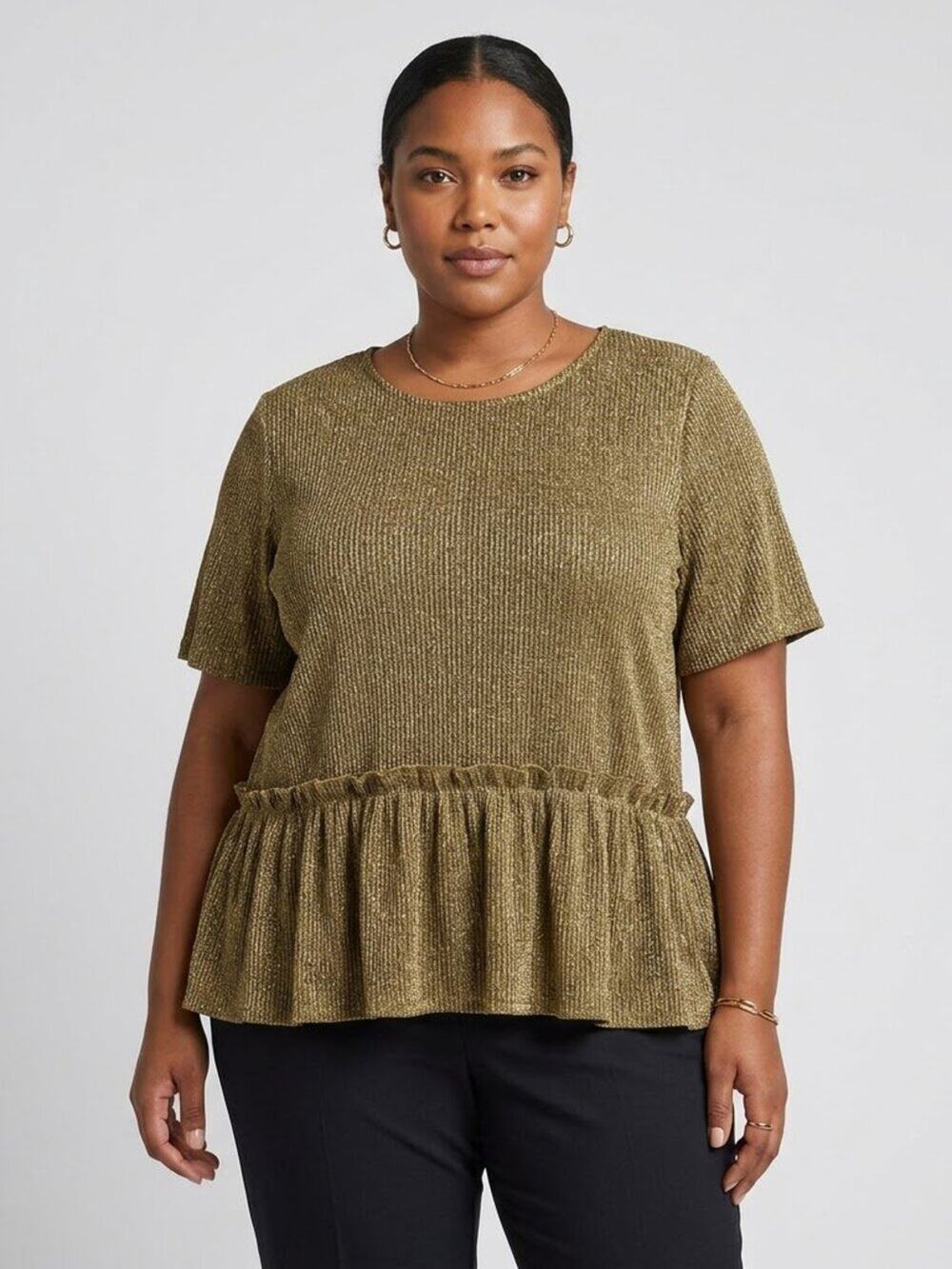Alice Blue Gold Metallic Shimmer Peplum Top - Ruffle Hem - Size 3X Plus